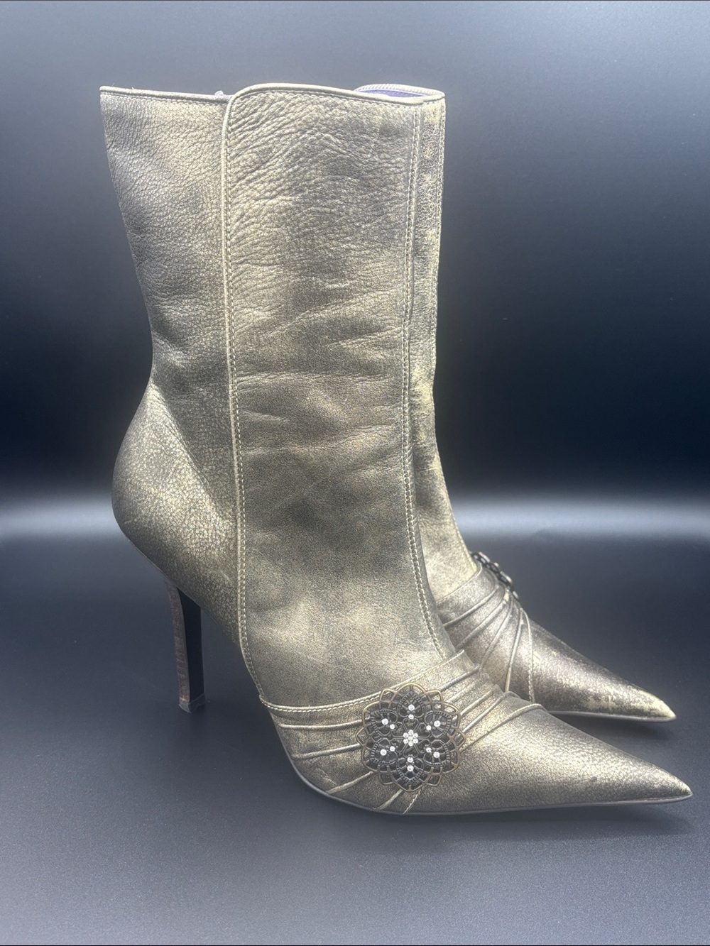 Vintage Steve Madden ‘Dynasti’ Metallic Distressed Witchy Boots, Sz 8.5, RARE!
